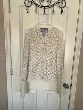 Tiara International White Crochet Cardigan XL Ramie Cotton Boho Y2K